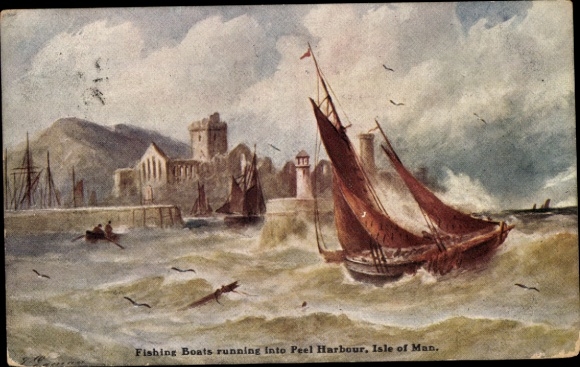 Artist Postcard Isle of Man, fishing boats entering Pearl Harbour