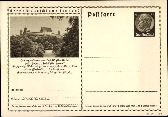 Postal stationery PC Loburg Möckern in Saxony Anhalt, Veste Coburg Franconian crown, weir system
