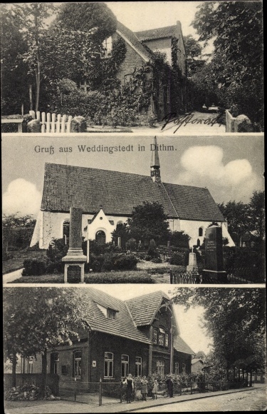 Ansichtkaart Weddingstedt in Dithmarschen, kerk, begraafplaats, graven, pastoraat