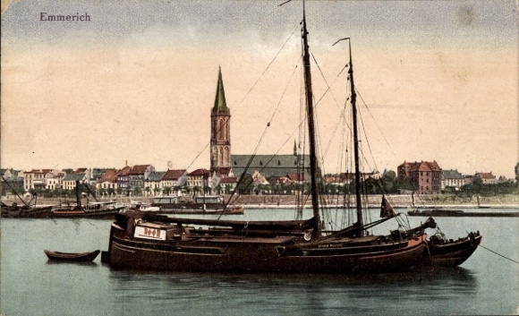 Postcard Emmerich am Niederrhein, sailing ship in the Rhine, view of the town, church