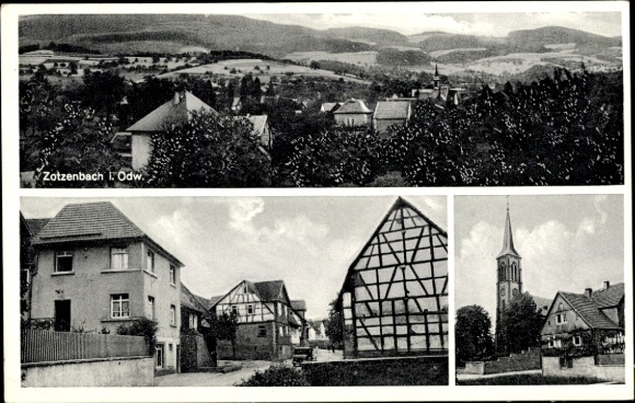 Postcard Zotzenbach Rimbach in the Odenwald, general view, half-timbered house, church
