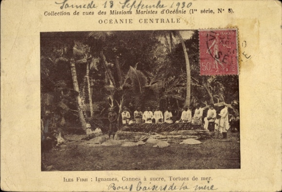 Postcard Fiji, yams, sugar cane, sea turtles, Marist Missions of Oceania