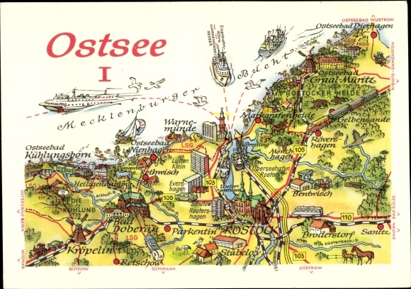 Maps Postcard Ostseebad Warnemünde Rostock, Graal-Müritz, Kuehlungsborn, Dierhagen, Bad Doberan
