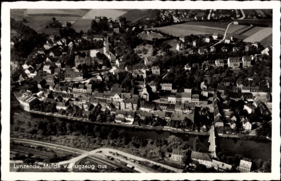 Postcard Lunzenau in Saxony, aerial view of cityscape, Mulde, architecture