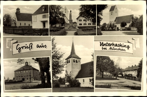 Ak Unterhaching in Opper-Beieren, stadsgezichten, kerk, monument, straatgedeelte