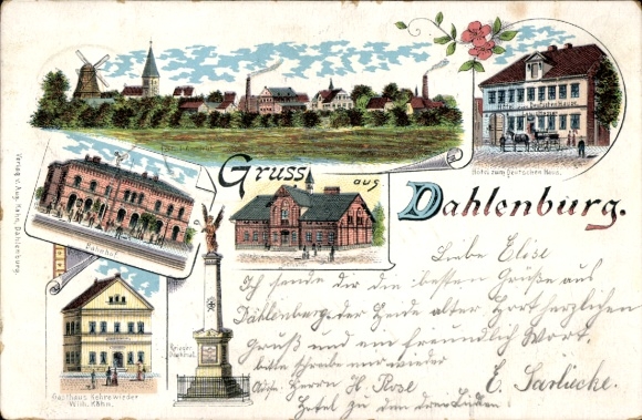 Litho Dahlenburg in der Lüneburger Heide, Teilansicht, Windmühle, Bahnhof, Hotel Deutsches Haus