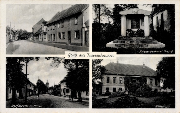 Postcard Tunzenhausen Sömmerda in Thuringia, village street with church, war memorial 1974/18, landscape