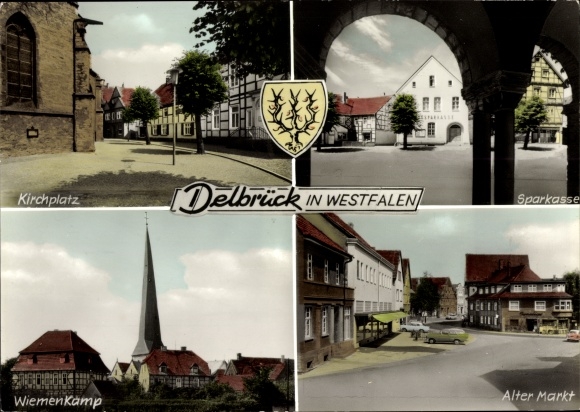 Ak Delbrück in Ostwestfalen, Kirchplatz, Wappen, Sparkasse, Wiemenkamp, Alter Markt