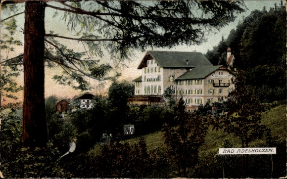 Ak Bad Adelholzen Siegsdorf in Opper-Beieren, historisch gebouw, natuur, bomen, appartementencomplex...