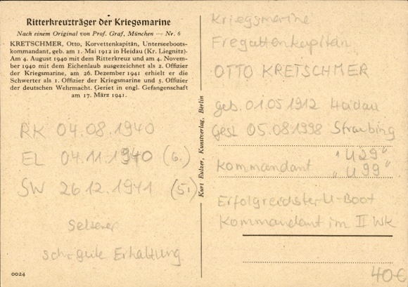 Artist Postcard Graf, Knight's Cross holder Frigate Captain Otto Kretschmer, Kriegsmarine, II WW