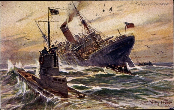 Artist PC Stöwer, Willy, destruction of an English merchant steamer by a German submarine