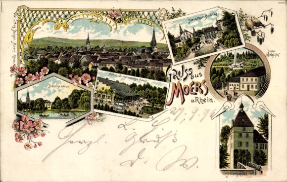 Chromo-Litho Moers on the Lower Rhine, city moat, Steintor Bridge, hotel, castle