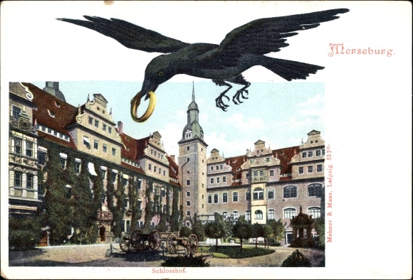 Chromo-Litho Merseburg an der Saale, castle courtyard, raven with a gold ring in its beak