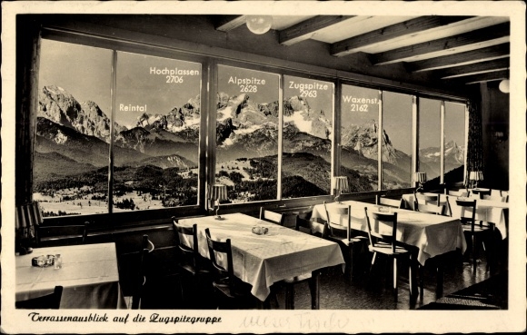 Postcard Krün in Upper Bavaria, Hotel-Pension Terrassencafe Schönblick, Terrassenausblick, Zugspitze Group