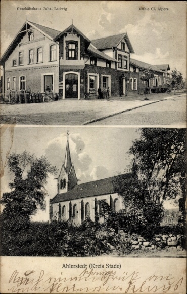 Postcard Ahlerstedt district of Stade, commercial building, mill Cl. Alpers, church
