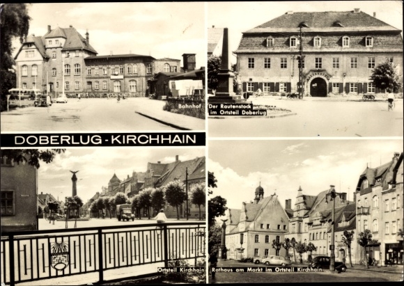 Postcard Doberlug Kirchhain in Brandenburg, train station, Kirchhain district, town hall on the market