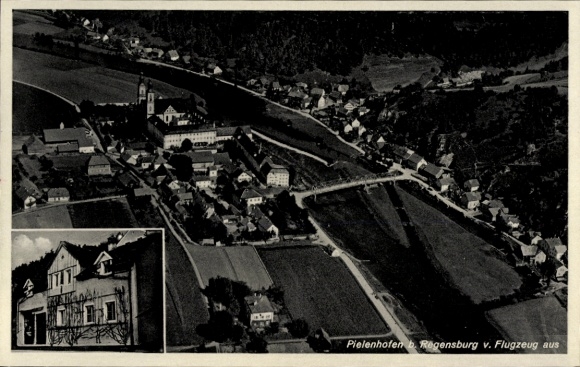 Postcard Pielenhofen in the Upper Palatinate, aerial view of church visible, rural surroundings, airplane
