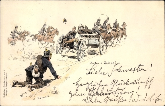 Kunstenaar Litho Becker, Carl, batterijgalop, artillerie, artillerietransport, soldatenhumor, I. WK