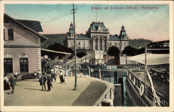 Postcard Bregenz on Lake Constance Vorarlberg, Bregenz on Lake Constance, harbor area, people, boats, buildings