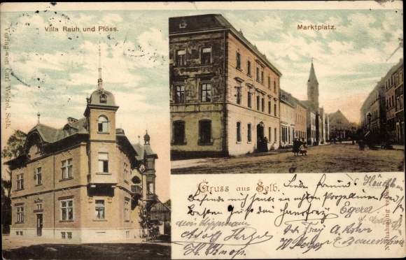 Ak Selb in het Fichtelgebirge Opper-Franken, marktplein, Villa Rauh en Plöss