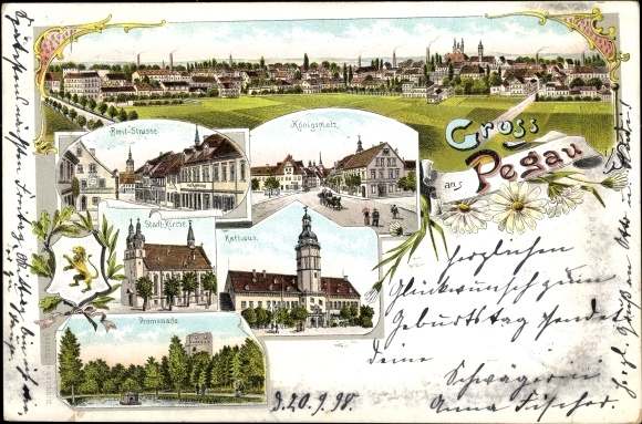 Chromo-Litho Pegau in Saxony, Königsplatz, town hall, town church, promenade, view of the town