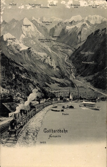 Postcard Gotthardbahn, north side, steamer