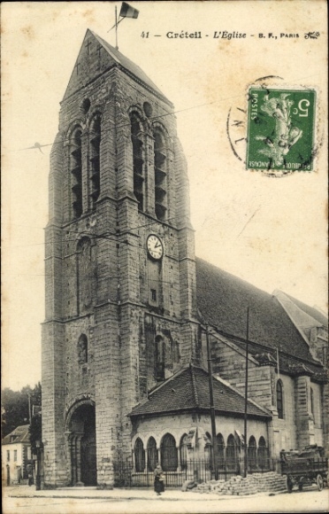 PC Créteil Val de Marne, church with bell tower, postmark, green print, Paris