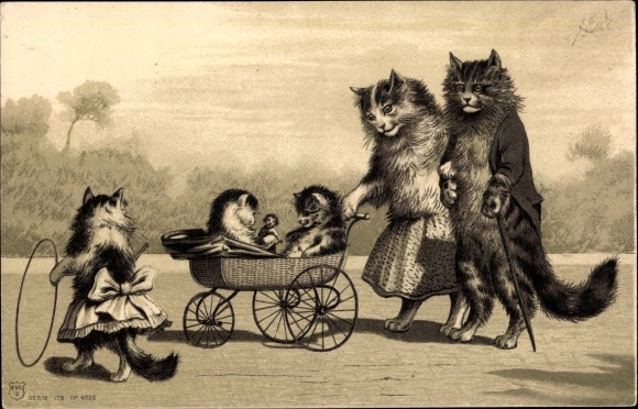 Embossed Chromo-Litho Humanized cats, family, prams, tires