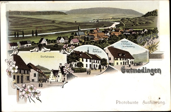 Litho Gutmadingen Geisingen im Kreis Tuttlingen, Gasthof zum Ochsen, Schule, Rathaus, Wartenberg