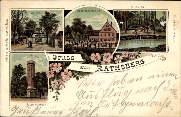 litho Rathsberg Marloffstein in Midden-Franken, kasteel, tuinrestaurant, wildernis, uitkijktoren