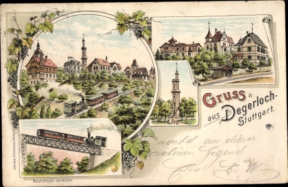 litho Degerloch Stuttgart in Baden Württemberg, oprit van de tandradbaan, toren