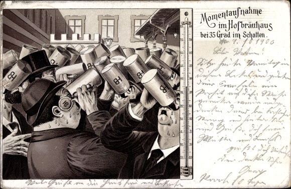 Litho München Bayern, Hofbräuhaus bei 35 Grad im Schatten, Thermometer