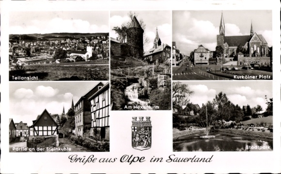 Ak Olpe in Sauerland Westfalen, Am Hexenturm, Kurkölner Platz, stadspark, Steinkuhle