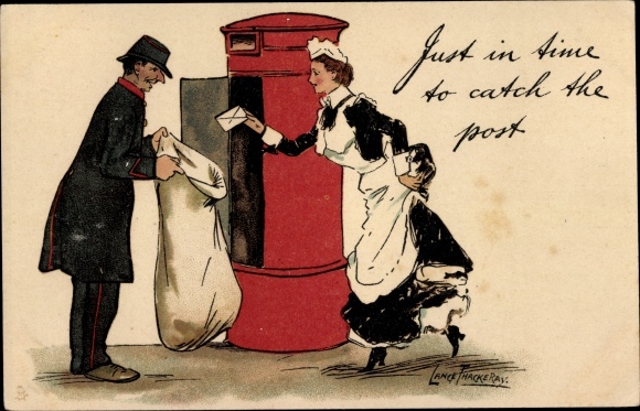 Artist Postcard Thackeray, Lance, Just in time to catch the post, Postman, Maid