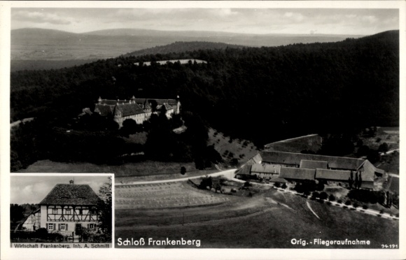Postcard Weigenheim in Middle Franconia, Castle Frankenberg, aerial photograph, A. Schmitt's inn
