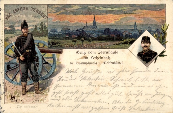 litho Lechelnholz Wolfenbüttel, artillerie, sterrenhuis, Nec Aspera Terrent, soldaat met geweer