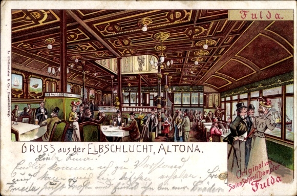 Chromo-Litho Hamburg Altona Ottensen, Salondampfer Fulda, Elbschlucht Restaurant