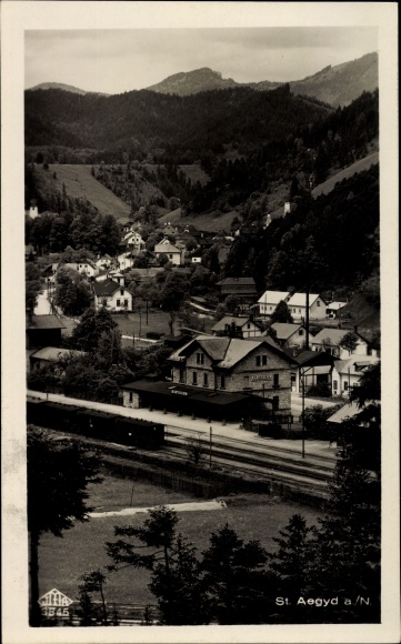 PC St. Aegyd am Neuwalde in Lower Austria, view of the train station, railway line, passenger train