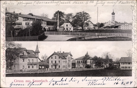 PC Sauerlach in Upper Bavaria, partial views of the village, church tower