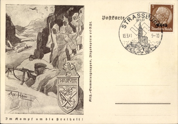 Postal stationery artist Postcard Axster Heudtlaß, In the fight for freedom, Narvik, mountain infantry in Norway