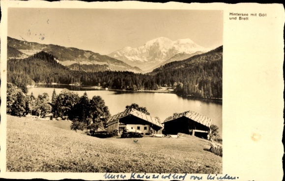 Postcard Ramsau in Berchtesgadener Land Upper Bavaria, mountain panorama, lake with houses, surrounding mountains