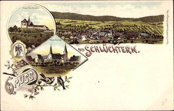 Chromo-Litho Schluechtern in Hesse, Castle, Royal Seminary, view of the town