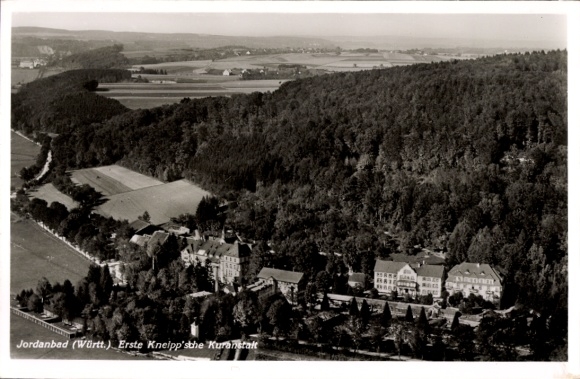 Postcard Jordanbad Biberach an der Riß in Upper Swabia, aerial view of Jordanbad, First Kneipp's K