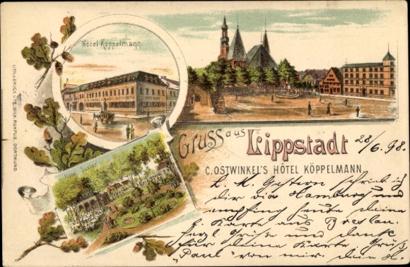 Chromo-Litho Lippstadt in Westphalia, square, church, C. Ostwinkel's Hotel Köppelmann, hotel garden
