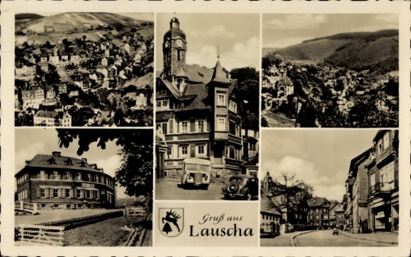 Ak Lauscha in Thüringen , Sechs Bilder von  Stadtansichten,  Gebäude, Auto