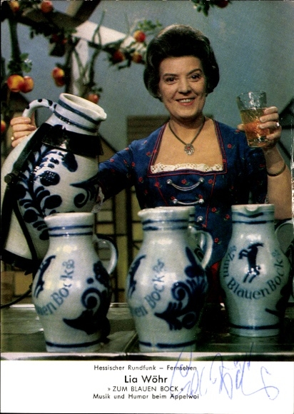 Postcard actress Lia Wöhr, portrait, Zum blauen Bock, music and humor at Äppelwoi, autograph