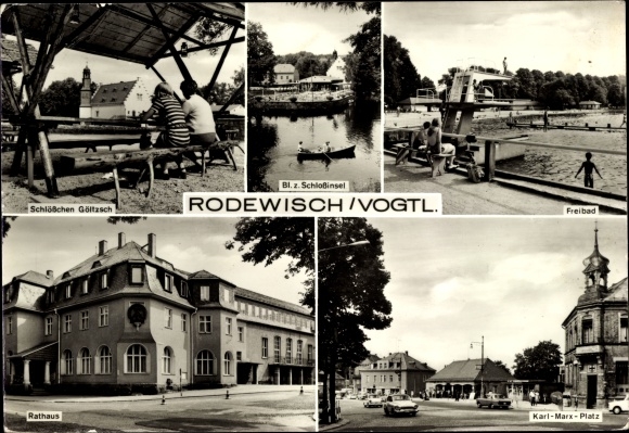 Postcard Rodewisch in Vogtland Saxony, Schlößchen Göltzsch, outdoor pool, town hall, castle island, square