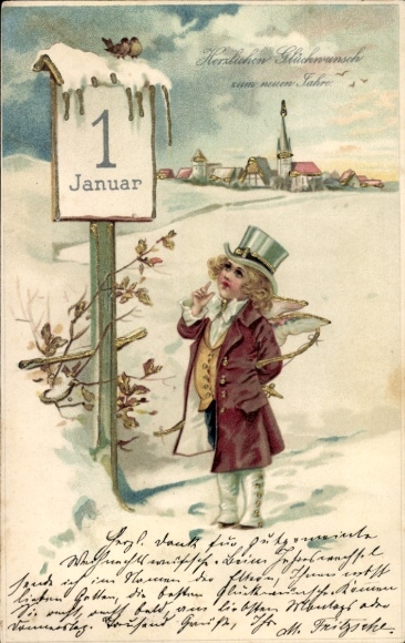 Litografia Nowy Rok, anioł, znak, ptak, śnieg