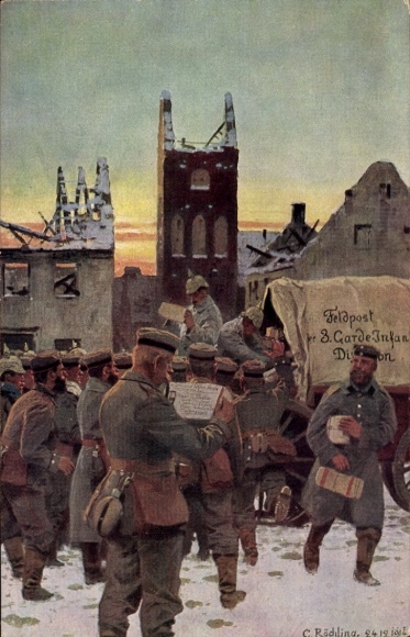 Artist Postcard Röchling, C., Arrival of gifts of love, soldiers, packages, field post 3rd Guards Inf. Div.