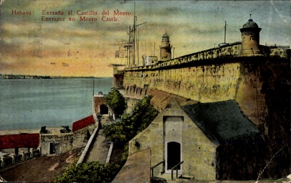 Postcard Havana Habana Cuba, entrance to Castillo del Morro, harbor view, ships in the water